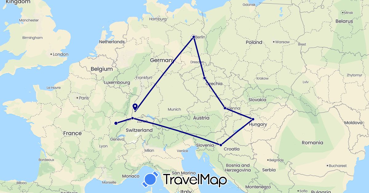 TravelMap itinerary: driving in Austria, Switzerland, Czech Republic, Germany, France, Croatia, Hungary (Europe)